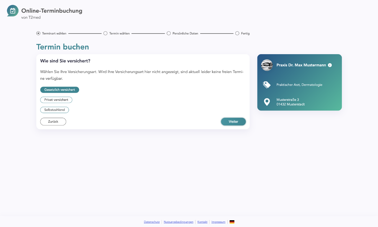 Screenshot von der alten Online-Terminbuchung. Es wird die Versicherungsart abgefragt.