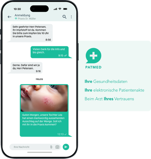 Screenshot von PatMed und den Schlagzeilen: Ihre Gesundheitsdaten; Ihre elektronische Patientenakte; Beim Arzt Ihres Vertrauens